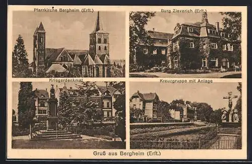 AK Bergheim /Erft, Kreuzgruppe mit Anlage, Pfarrkirche, Kriegerdenkmal