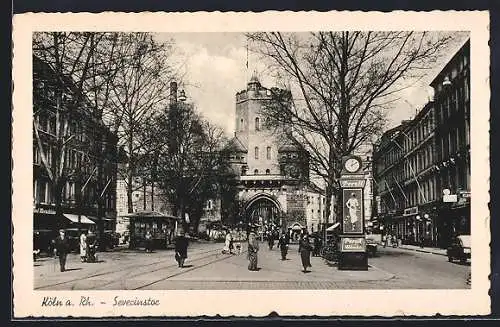 AK Köln a. Rh., Severinstrasse mit Torturm u. Kiosk