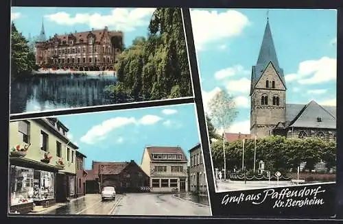 AK Paffendorf /Bergheim, Strassenpartie mit Geschäft, Schloss, Kirche m. Denkmal