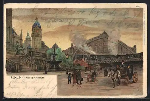 Lithographie Köln, Ortsansicht mit Hauptbahnhof