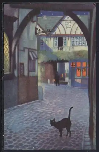 Künstler-AK Guildford, The Angel Hotel with black cat