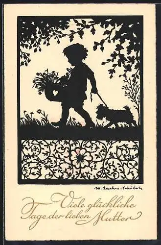 Künstler-AK Marta Sachse-Schubert: Kind mit Blumenkorb und Hund, Viele glückliche Tage der lieben Mutter