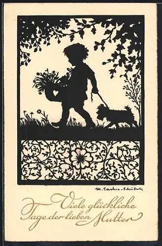 Künstler-AK Marta Sachse-Schubert: Kind mit Blumenkorb und Hund, Viele glückliche Tage der lieben Mutter