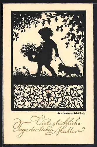 Künstler-AK Marta Sachse-Schubert: Kind mit Blumenkorb und Hund, Viele glückliche Tage der lieben Mutter