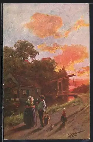 Künstler-AK Johan Georg Gerstenhauer: Flusspartie in einem Ort bei Sonnenuntergang