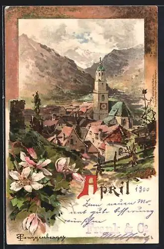 Künstler-AK Theodor Guggenberger: April, Panorama eines Ortes mit Bergen