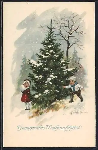 Künstler-AK Ad. Hoffmann: Zwei Kinder bei einem Tannenbaum im Schnee, Gesegnetes Weihnachtsfest