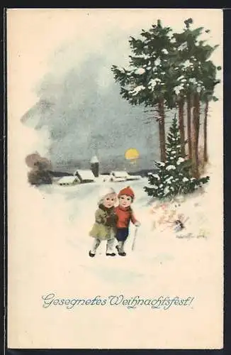 Künstler-AK Ad. Hoffmann: Zwei Kinder im Schnee, Gesegnetes Weihnachtsfest