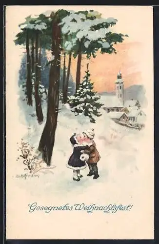 Künstler-AK Ad. Hoffmann: Zwei Kinder in einer verschneiten Winterlandschaft