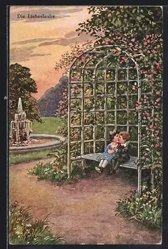 Künstler-AK Ad. Hoffmann: Pärchen schmust in der Liebeslaube unter vielen blühenden Rosen