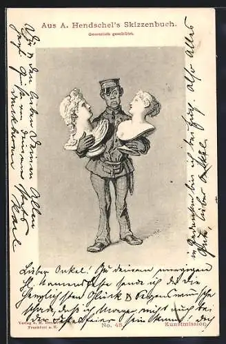 Künstler-AK Albert Hendschel: Soldat mit zwei Büsten in den Armen, Kunstmission