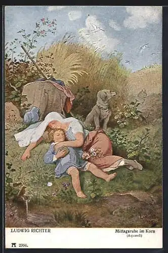 Künstler-AK Ludwig Richter: Mutter und Kind schlafen auf einer Wiese