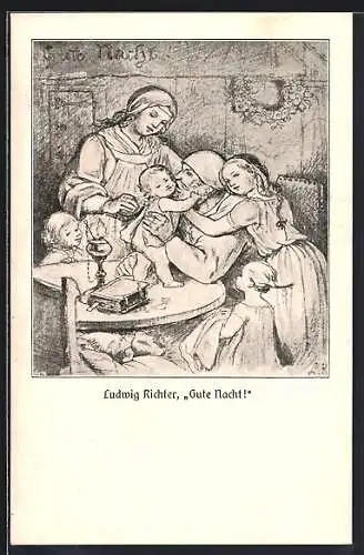 Künstler-AK Ludwig Richter: Kinder sagen ihrem Vater Gute Nacht