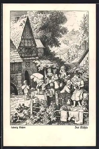 Künstler-AK Ludwig Richter: Menschen an einer Mühle