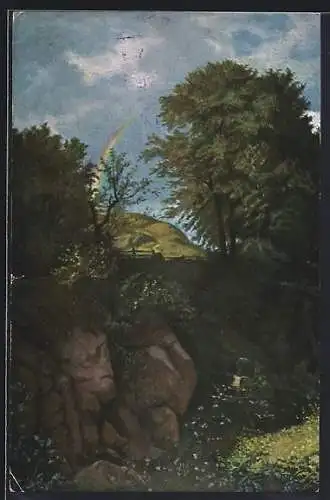 Künstler-AK Ludwig Richter: Regenbogen zwischen zwei Bäumen