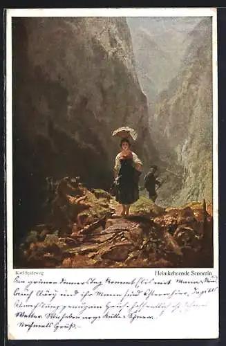 Künstler-AK Carl Spitzweg: Sennerin läuft mit einem Korb auf dem Kopf