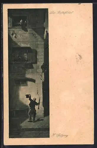 Künstler-AK Carl Spitzweg: Bettler mit Flöte hält seinen Hut hoch