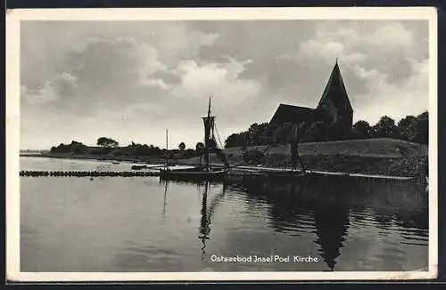 AK Insel Poel, Ostseebad, Uferpartie mit Kirche