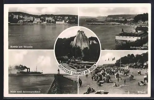 AK Sassnitz auf Rügen, Ostseebad, Hotel am Strande, Mole und Schwedenfähre, Hafenanlagen