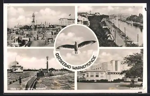 AK Warnemünde, Mole mit Fährdampfer Schwerin, Kurhaus, Strandleben