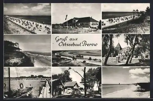 AK Prerow, Partien am Strand, Blick auf die Kirche, Segelschiff am Steg