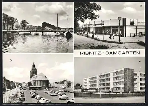 AK Ribnitz Damgarten, HO-Kaufhalle Hans-Burmeister-Strasse, Karl-Marx-Platz, Oberschule Hans Burmeister, Seglerhafen