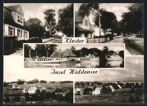 AK Kloster /Hiddensee, Uferpartie mit Booten, Strassenpartie mit Gebäudeansicht, Ortspartie