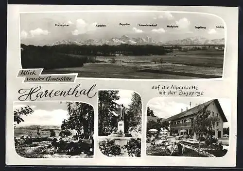 AK Bad Wörishofen /Allgäu, Gasthof Hartenthal mit Blick auf die Alpenkette mit der Zugspitze