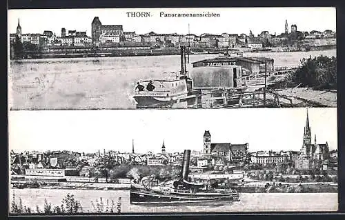 AK Thorn, Panoramaansichten, Schleppdampfer auf der Weichsel