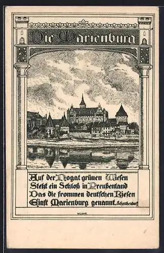 Künstler-AK Marienburg, Flusspartie mit Blick zur Burg