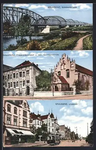 AK Graudenz / Grudziadz, Weichselbrücke, Lindenstrasse, Präparandenanstalt u. kath. Garnisionskirche