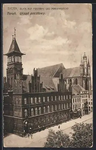 AK Thorn / Torun, Blick auf Postamt und Marienkirche