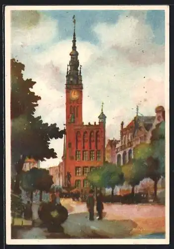 AK Danzig / Gdansk, Strassenpartie am Rathaus