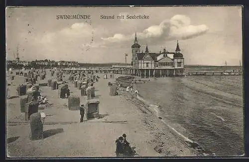 AK Swinemünde, Strand mit Seebrücke