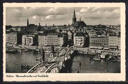 AK Stettin, Hansabrücke und Teilansicht mit Kirche