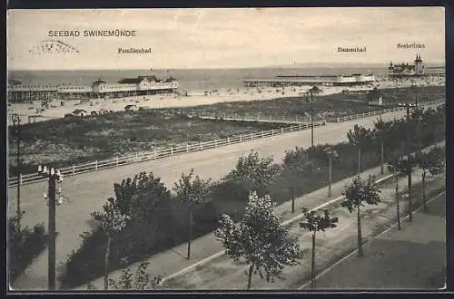 AK Swinemünde, Familienbad mit Damenbad und Seebrücke