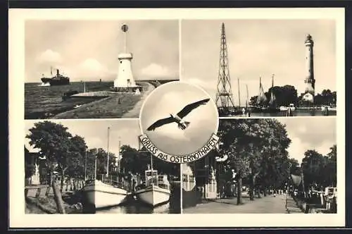 AK Osternothafen, Ortspartien mit Leuchtturm und Mole