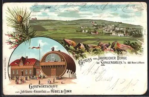 Lithographie Jaberlich, Gasthaus zum Jubiläums-Riesenfass, Ortsansicht