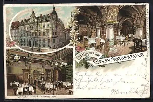 Lithographie Eger, Gasthaus Egerer Rathskeller mit Aussen- und Innenansicht