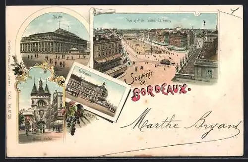 Lithographie Bordeaux, Theatre, Préfecture, La grosse cloche, Vue generale