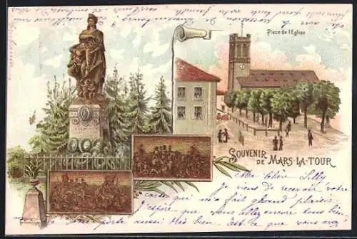 Lithographie Mars-la-Tour, Place de l`Eglise, Monument