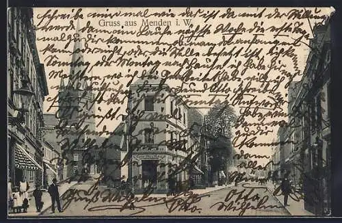 AK Menden i. W., Strassenpartie mit Geschäft Alberts & Meyer