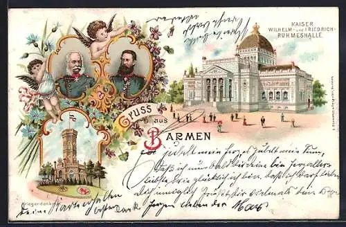 Lithographie Barmen, Kaiser Wilhelm I.- & Friedrich Wilhelm III. von Preussen-Ruhmeshalle