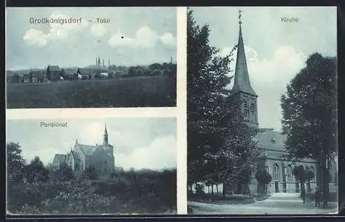 AK Grosskönigsdorf, Totalansicht, Pensionat, Kirche