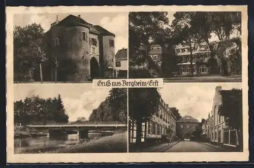 AK Bergheim /Erft, Burg, Brücke, Strassenpartie am Tor