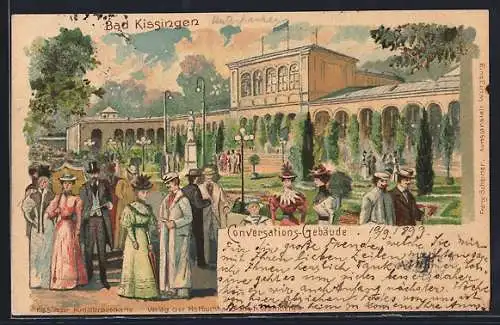 Lithographie Bad Kissingen, Conversations-Gebäude mit Denkmal