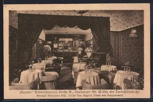 AK Berlin-Charlottenburg, Weinrestaurant Kondor, Marburger Str. 18 an der Tauentzienstrasse, Innenansicht