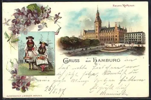 Lithographie Hamburg, am neuen Rathaus, Frauen in Trachten