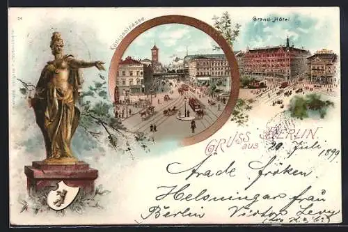 Lithographie Berlin, Grand Hotel, Königstrasse, Berolina, Wappen, Pferdebahn
