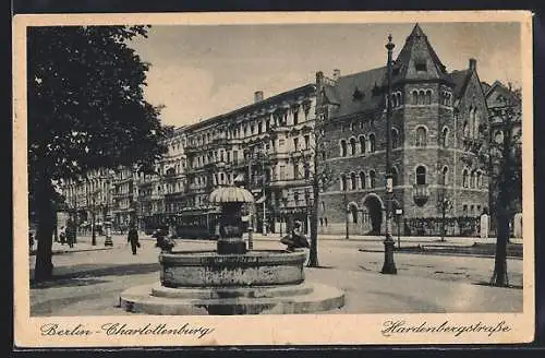 AK Berlin-Charlottenburg, Hardenbergstrasse mit Brunnen und Strassenbahn